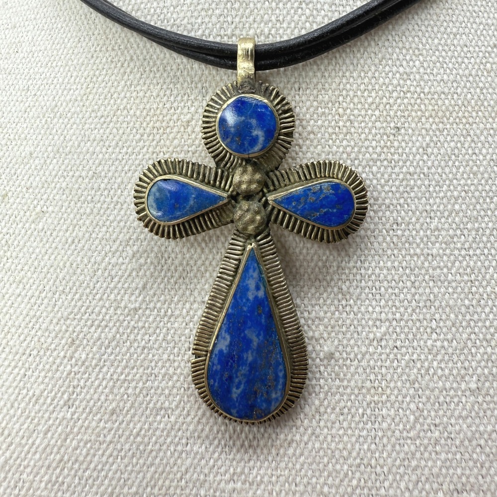 Lapis Lazuli Cross Pendant Necklace Brass Leather‎ Cord Bohemian Jewelry